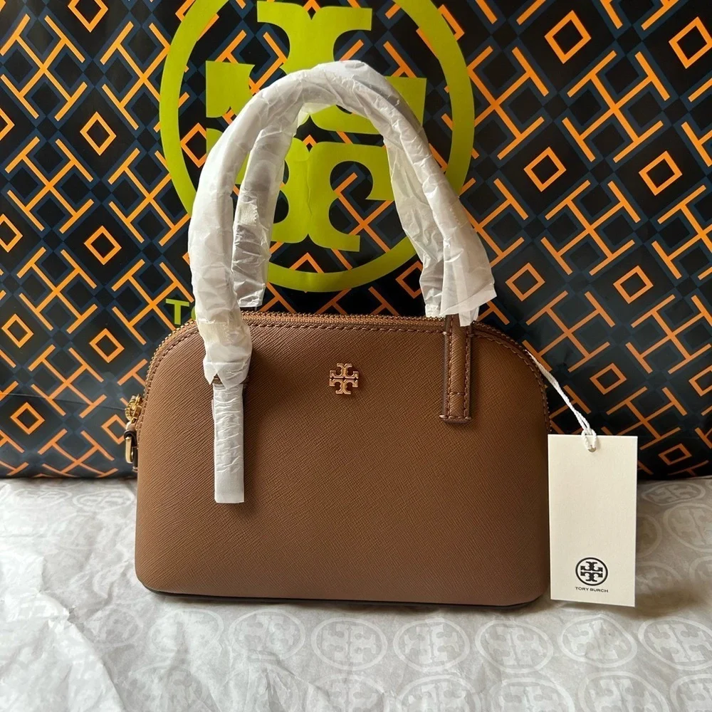 Tory Burch Emerson Dome Satchel Crossbody Bag Top Handle Moose Gold Tan